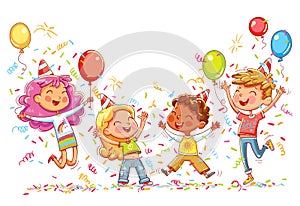 Kids jumping and dancing at birthday party photo