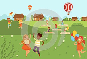 Kids jumping doing yoga activities and sports in nature outdoors flat vector illustration. Kids in country doing