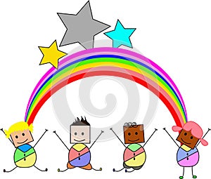 Kids jumping with joy on a hill under rainbow