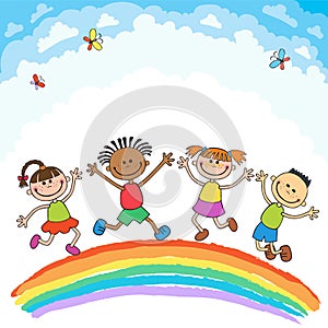 Kids jumping with joy on a hill under rainbow, colorful cartoon
