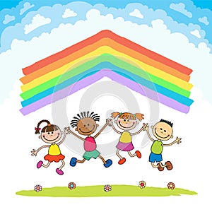 Kids jumping with joy on a hill under rainbow, colorful cartoon