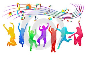 Kids jumping for joy with music notes