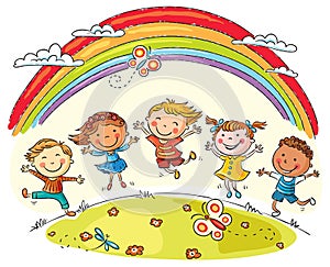 Kids Jumping with Joy under Rainbow