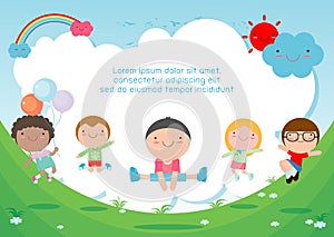 Kids jumping on the playground, children jump with joy, happy cartoon child playing on background