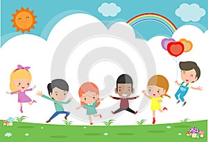 Kids jumping on the playground, children jump with joy, happy cartoon child playing on background
