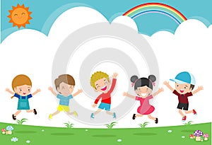 Kids jumping on the playground, children jump with joy, happy cartoon child playing on background