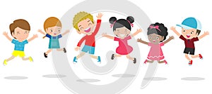 Kids jumping on the playground, children jump with joy, happy cartoon child playing on background