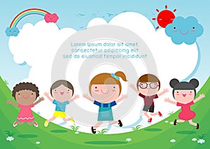 Kids jumping on the playground, children jump with joy, happy cartoon child playing on background