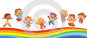 Kids jumping on a rainbow, like on a trampoline