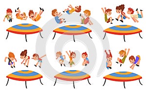 Kids Jumping on Trampoline Bouncing and Having Fun Vector Set