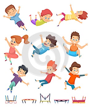 Kids jumping. Trampoline childrens athletic playing on playground active games vector cartoon people