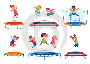 Kids jumping on trampoline. Happy boys, girls bouncing and having fun. Energetic children jump together. Group outdoor
