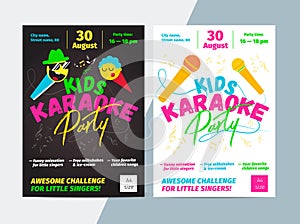 Kids karaoke party flyer with microphone and bright typography. photo