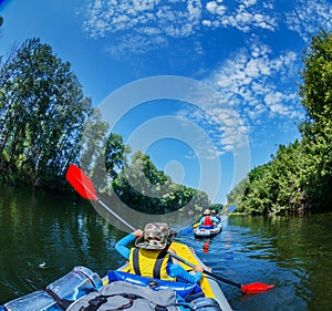 Kids kayaking on the river on a sunny day during summer vacation