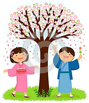 Kids in kimonos standing under a sakura tree