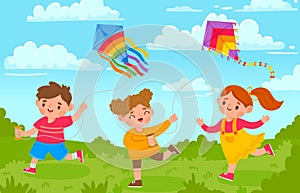 Kids with kites. Boy and girl outside playing with flying toy in park. Cartoon children and kite in wind sky. Summer activity