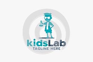 Kids lab logo with a boy holding a tube containing a chemical solution
