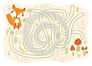 Kids labyrinth maze game, help cartoon fox to find mushrooms. Game for kids. Vector illustrations