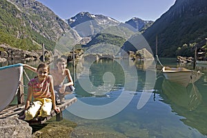 Kids at lake in Norway