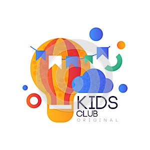 Kids land club logo original, creative label template, playground, entertainment or educational club badge with hot air