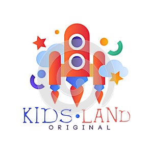 Kids land club logo original, creative label template, playground, entertainment or educational club badge with rocket