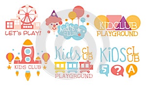 Kids Land Club Logo Set, Playiground, Education Centre for Children Colorful Labels Vector Illustration