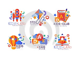 Kids Land and Club Original Logo Design for Kindergarten, Playground and Game Area Vector Set