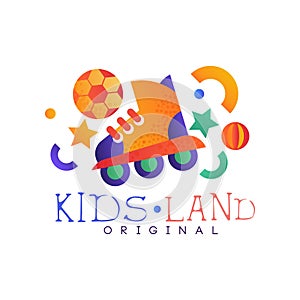 Kids land logo original, colorful creative label template, playground, entertainment or sport club badge wirh roller
