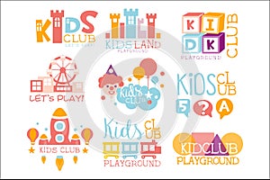 Kids Land Playground And Entertainment Club Set Of Bright Color Promo Signs For The Playing Space Children