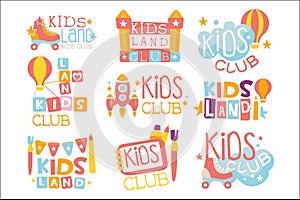 Kids Land Playground And Entertainment Club Set Of Colorful Promo Signs For The Playing Space Children