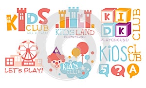 Kids Land Playground Logo Set, Childrens Club Colorful Labels Vector Illustration