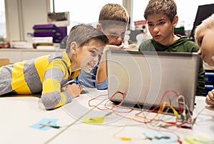 Kids, laptop and invention kit at robotics school