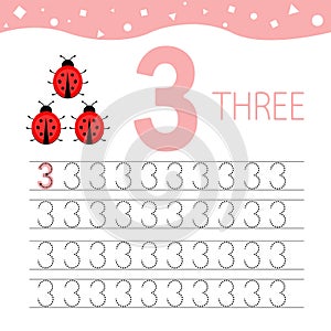 Kids learning material. Card for learning numbers. Number 3 and ladybug