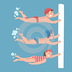 Kids learning to swim in swimming pool. Boys and girl in swimwear, caps and goggles practicing skills at lesson cartoon