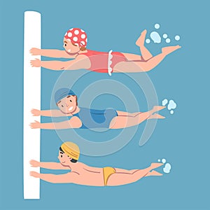 Kids learning to swim in swimming pool. Children in swimwear, caps and goggles training at swimming lesson vector