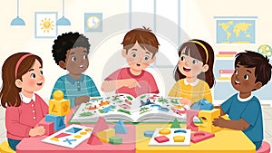 Kids Learning Together Diverse Children Reading and Playing