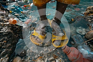 Kids legs at ocean in water, plastic bottles trash garbage. Plastic environmental pollution concept.