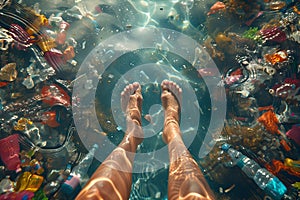 Kids legs at ocean in water, plastic bottles trash garbage. Plastic environmental pollution concept.