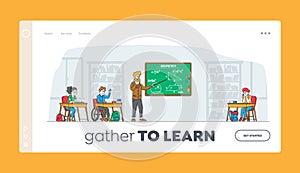 Kids on Lesson Landing Page Template. Children Characters with Teacher in Classroom. Disabled Boy in Wheelchair