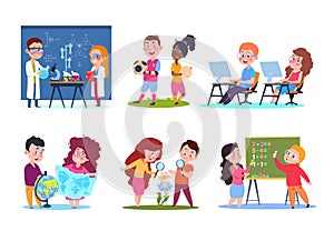 Kids in lessons. School children learning geography and chemistry, biology and math. Cartoon vector characters set