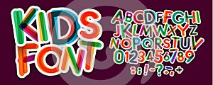 Kids letters and numbers set. Bold, colorful vector latin alphabet. Fonts for kids zone, promotions, logos, banner