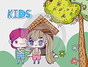 Kids, little girl and boy anime cartoon house tree flowers hill meadow