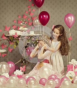Kids Little Girls Covering Eyes, Children Birthday, Presents Balloons
