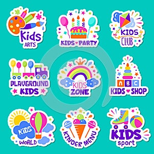 Kids logo. Toys shop identity creative children club badges kids playing zone symbols vector collection photo