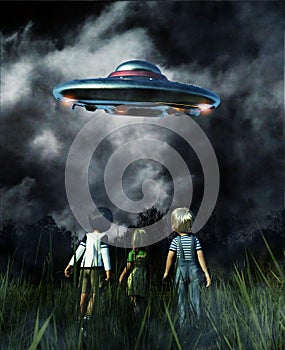 Kids looking to a UFO saucer