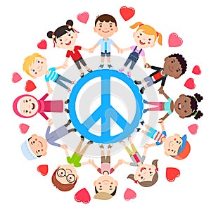 Kids love peace conceptual. Groups of children join hands all around the peace symbol. Vector