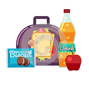 Kids lunch box, bag with snacks, meal and beverages vector stock