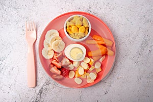 Kids lunch plate with variety of fruit, vegetable and protein.