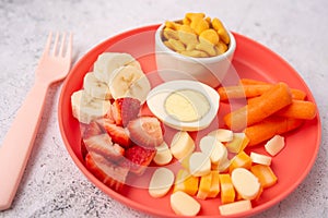 Kids lunch plate with variety of fruit, vegetable and protein.