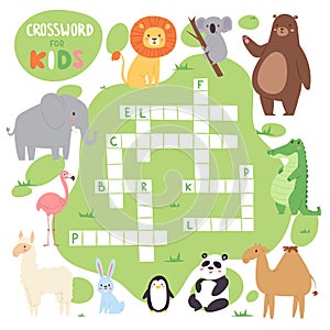 Kids magazine book puzzle game of forest animals logical crossword words worksheet colorful printable vector